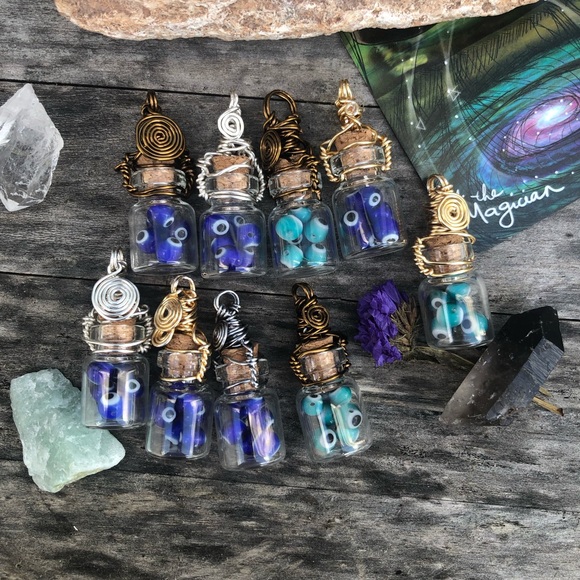 Evil Eye Protection Bottle Necklace Wire Wrapped - in Silver Wire - Picture 7 of 10